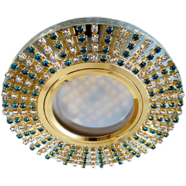 Ecola MR16 DL1662 GU5.3 Glass Стекло Круг с прозр.и бирюз. стразами (оправа золото)/фон зерк./центр.часть золото 25х93